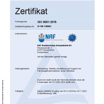 Certification News NAF Achsenfabrik