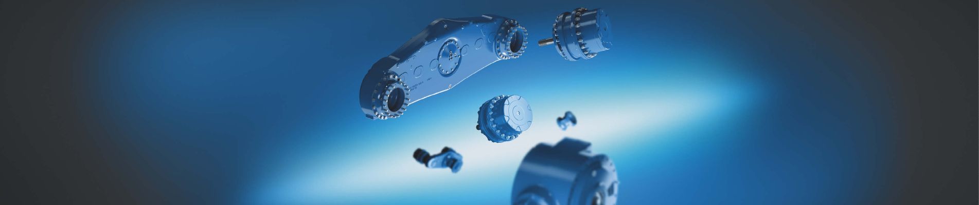 blaue Achskomponenten fliegen durch das Universum und zeigen die Modularität der NAF-Produkte